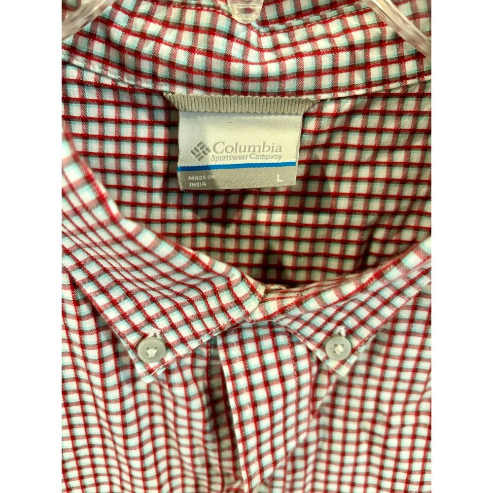 Men's Columbia Sportswear Red and‎ White Plaid Short Sleeve Button Up Shirt - L